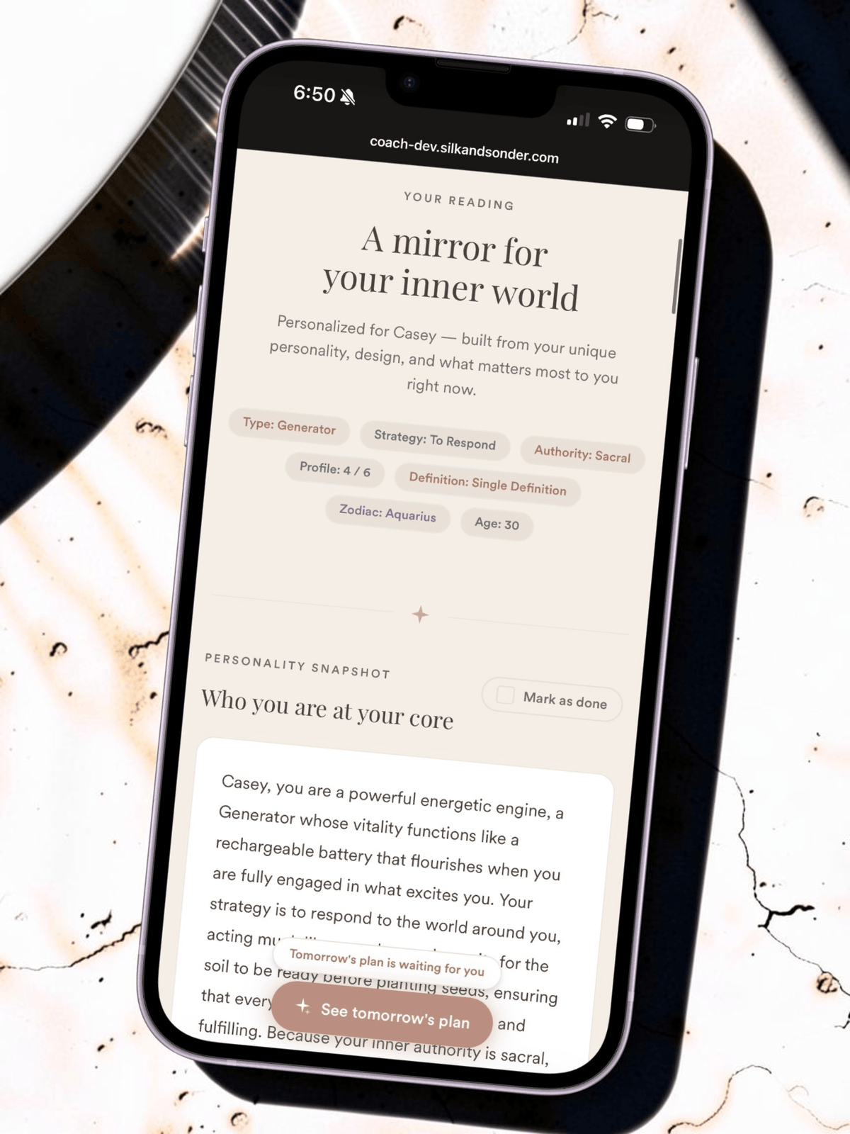 A Silk + Sonder personality reading on a phone