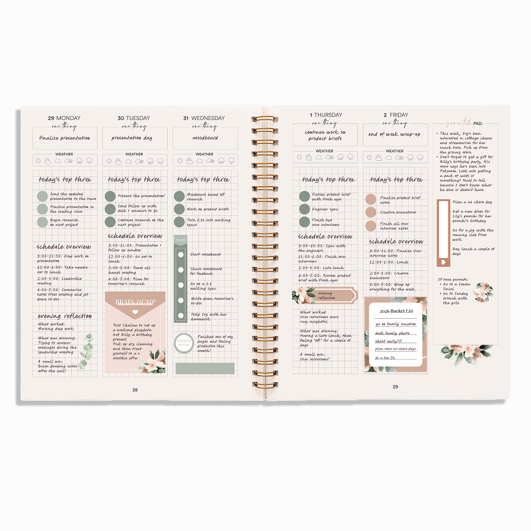 Image of Silk + Sonder weekly planning pages to help you track your tasks, schedule and reflect.